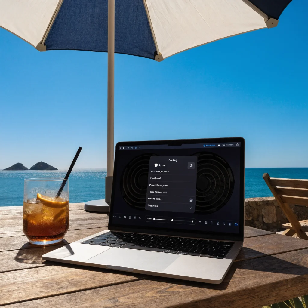 A MacBook operating safely outdoors in hot weather with active cooling, shaded placement, screen brightness adjusted, and battery protection measures visible.