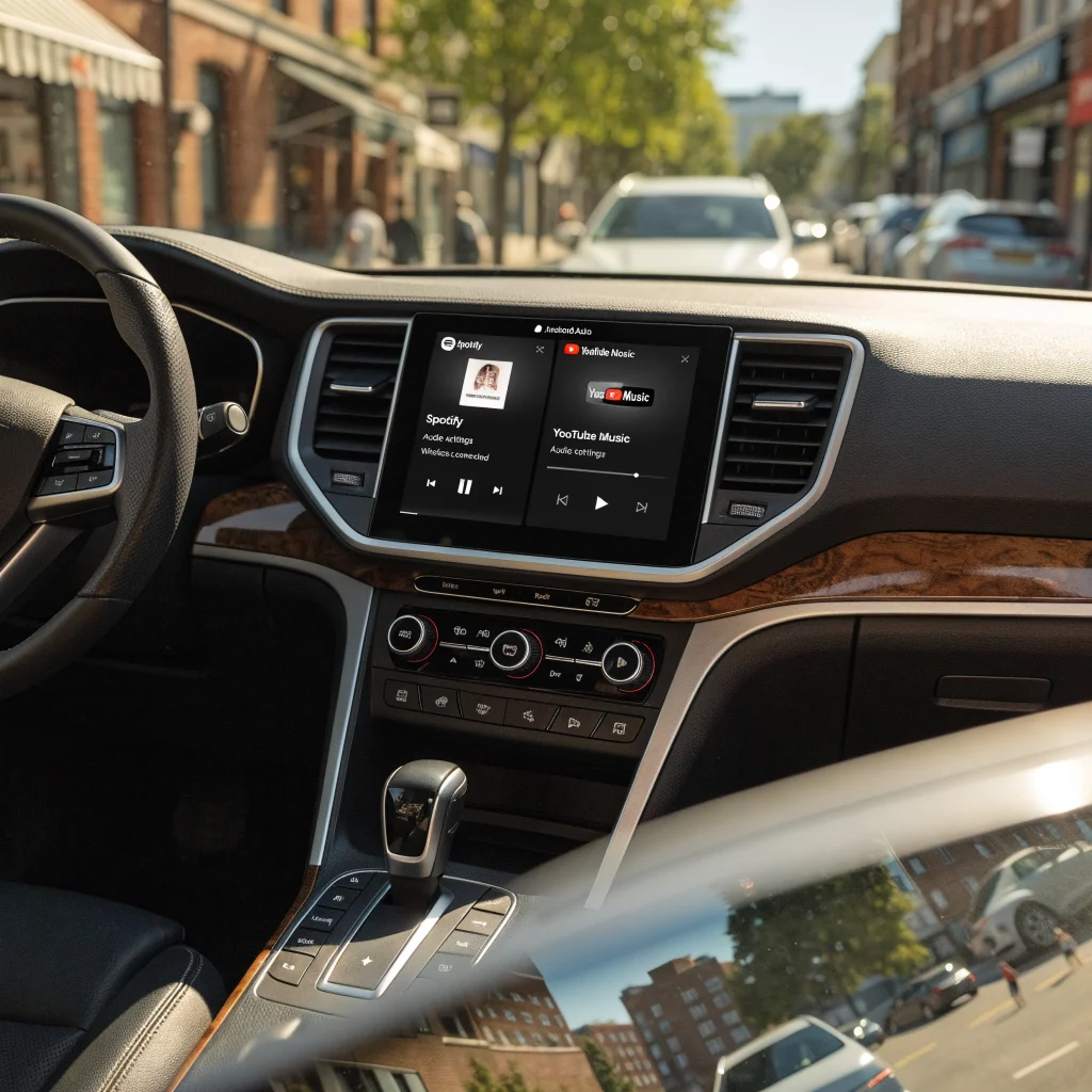 A realistic photo of a car dashboard displaying Android Auto with music apps open, showing audio settings and wireless connection active.