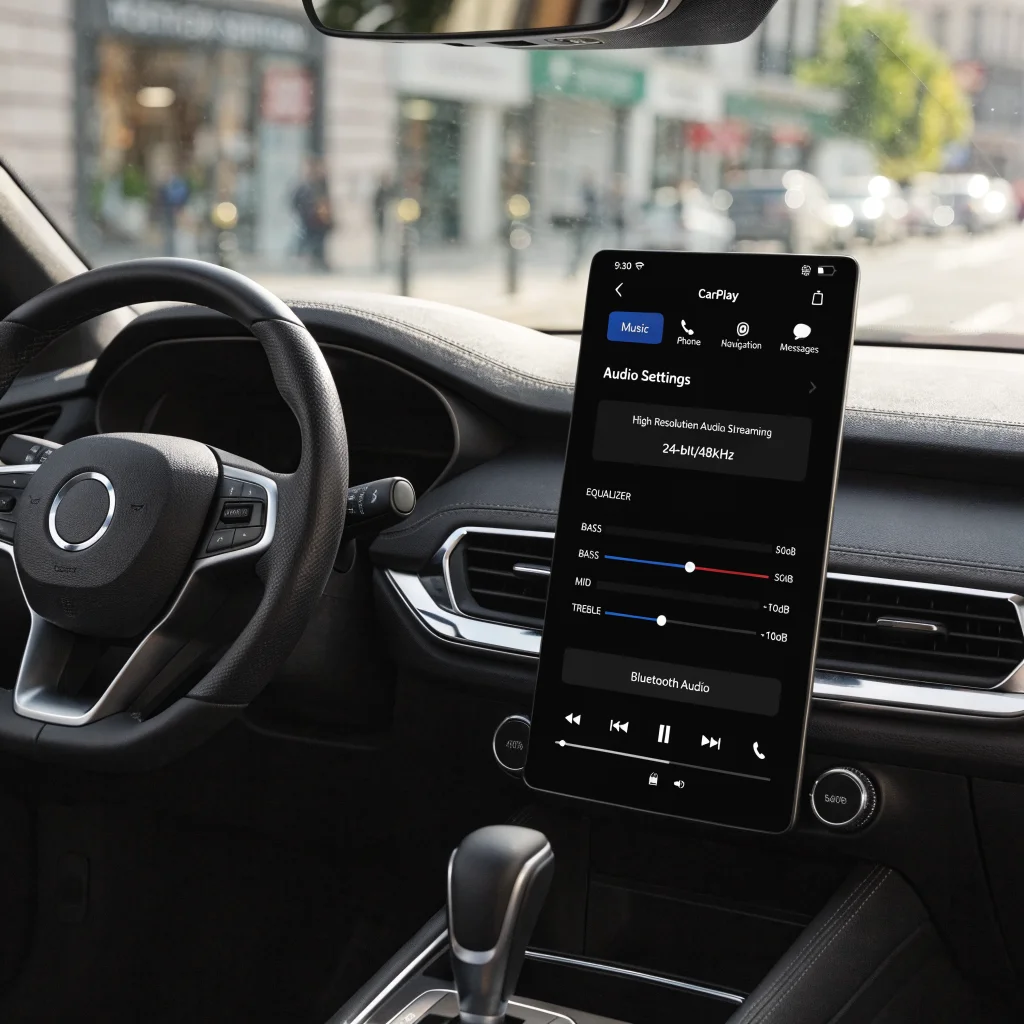 A realistic photo showing a modern car dashboard with Apple CarPlay displaying high-resolution 24-bit/48kHz audio streaming and audio settings on the screen.