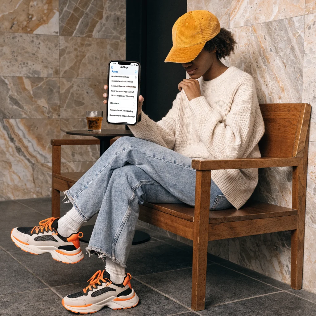 A person holding an iPhone with visible settings screen for reset and restore options, symbolizing effective iPhone restart and settings restoration.