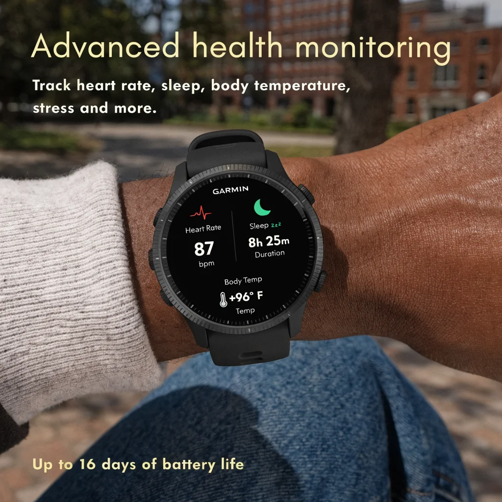 A close-up photo of a Garmin Cirq smartwatch on a wrist displaying heart rate, sleep, and body temperature data on its screen, highlighting health tracking and long battery life.