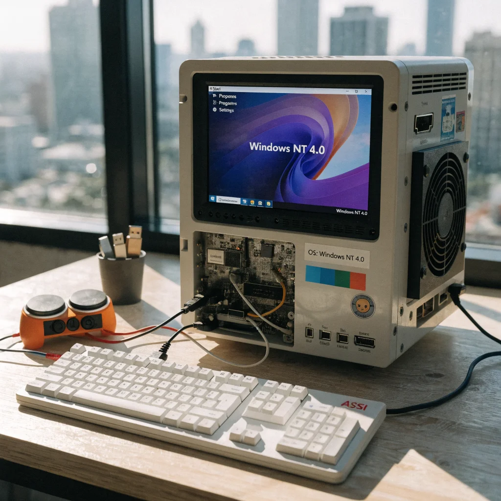 A detailed photo of a modified Nintendo GameCube running Windows NT 4.0, connected to an ASCII keyboard and DK Bongo controller, showcasing hardware modding techniques.