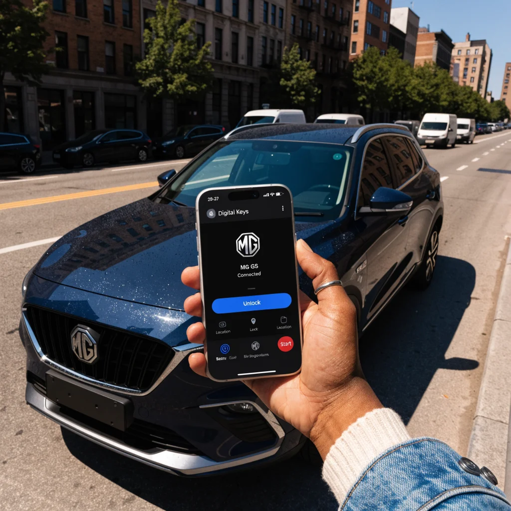 A realistic photo of an MG car connected to Apple Car Key on an iPhone 18 Pro with iOS 27 displaying digital car keys interface.