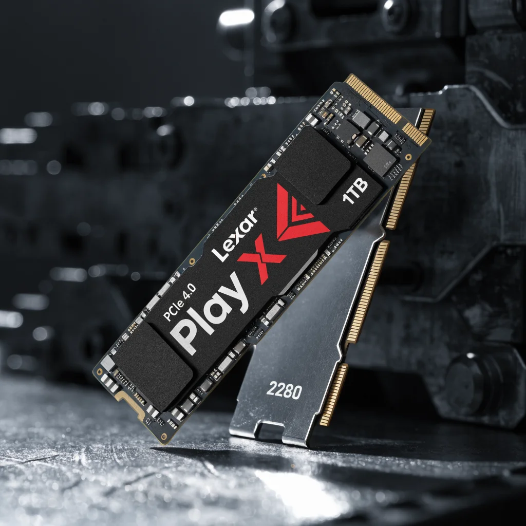 A close-up photo of a Lexar Play X 1TB PCIe 4.0 NVMe M.2 SSD with a 2280 adapter, emphasizing high-speed read and write performance for gaming.