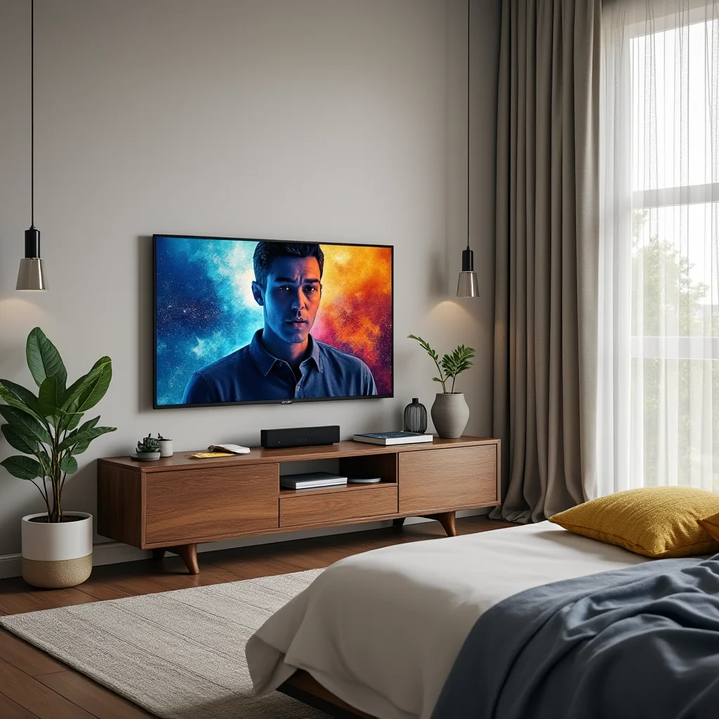 Create a visually appealing and detailed image that represents the essence of the article. Focus on the main keywords: A realistic photo of an Insignia 32-inch Fire TV F20 Series smart TV with Alexa Voice Remote, displayed in a small bedroom setting showcasing affordable 720p HD television.. Incorporate elements that align with the article's theme and evoke its intended mood or message. If including a human face, ensure it reflects Western, American, or European features.