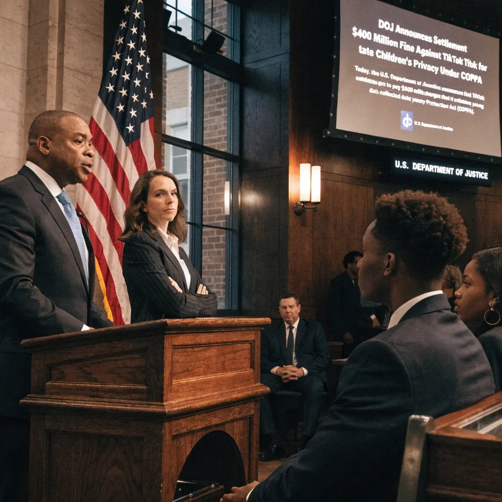 A serious courtroom scene showing Department of Justice officials announcing a $400 million fine against TikTok for violating children's privacy under COPPA.