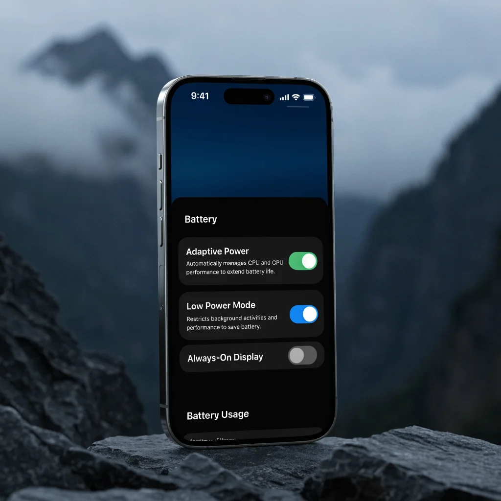A realistic photo of an iPhone 17 Pro displaying battery settings with Adaptive Power, low power mode enabled, and Always-On Display turned off in dark mode.