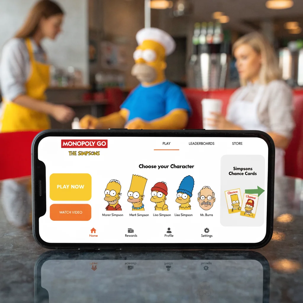 A realistic photo of Monopoly Go mobile game screen featuring Simpsons characters Homer, Marge, Bart, Lisa, Mr. Burns, and Simpsons-themed chance cards.