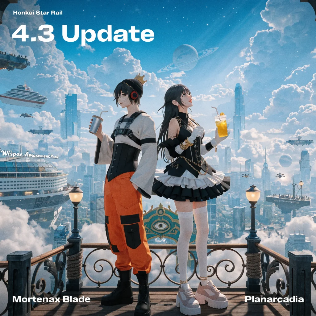A detailed realistic photo of the Honkai Star Rail 4.3 update featuring characters Mortenax Blade and Trailblazer exploring Planarcadia with the Wispae Amusement Park and Fate/Stay Night collaboration elements in a vibrant world.