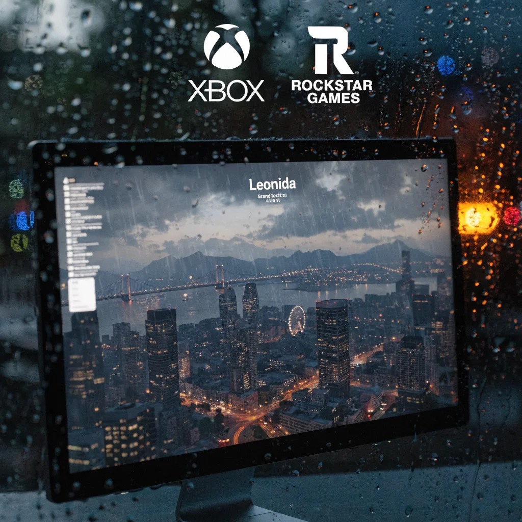 A detailed close-up photo of a leaked GTA 6 game map titled "Leonida" displayed on a computer screen with Xbox and Rockstar logos in the background.