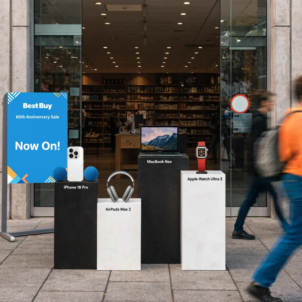 A realistic photo showing new Apple devices like iPhone 18 Pro, AirPods Max 2, MacBook Neo, and Apple Watch Ultra 3 displayed at Best Buy’s 60th anniversary sale event.