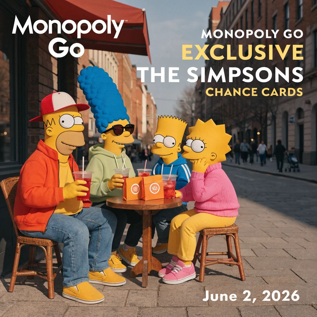 A realistic photo of The Simpsons characters featured in the Monopoly Go event, showcasing exclusive Simpsons-themed chance cards with a release date of June 2, 2026.