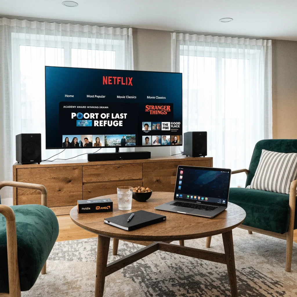 A modern living room setup with a 4K TV streaming Netflix in Ultra HD, alongside a laptop displaying Chrome OS and a graphics card box featuring Nvidia and AMD logos.