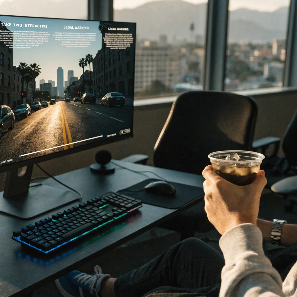 A realistic photo of a computer screen showing leaked GTA 6 gameplay footage with legal notices from Take-Two against hackers.