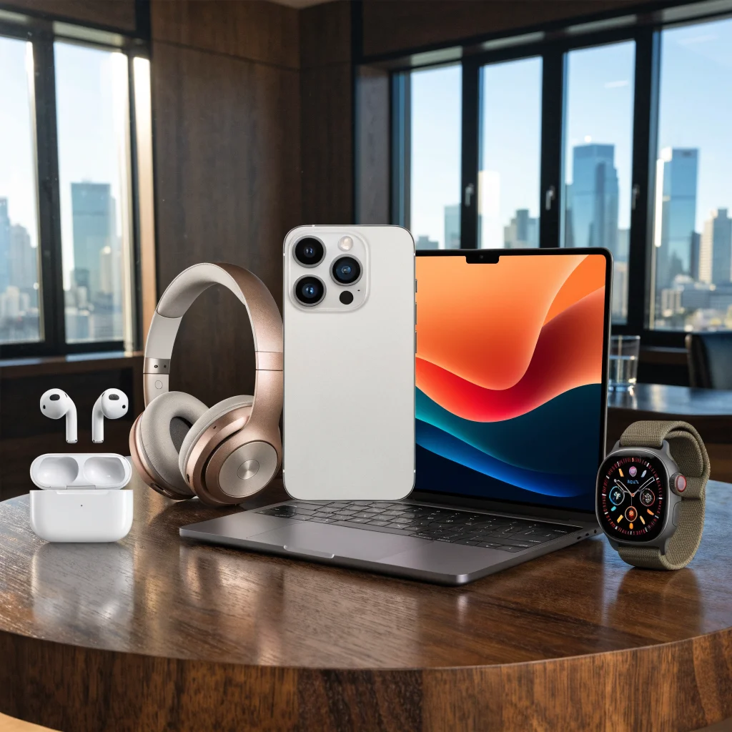 A sleek display of Apple’s latest gadgets, including AirPods with cameras, Beats 360 headphones, iPhone 18 Pro, MacBook Neo, and Apple Watch Ultra 3, showcased on a modern wooden table.