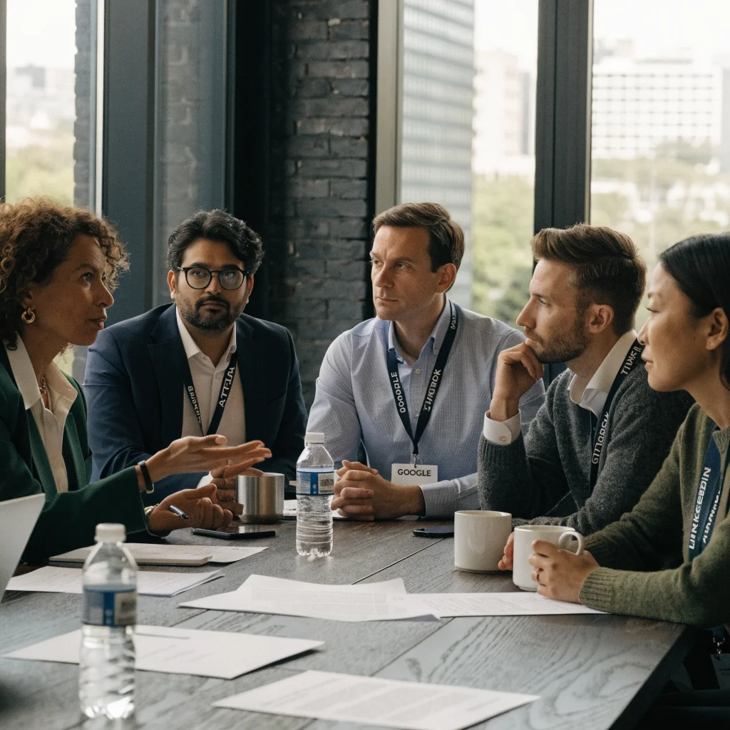 A realistic photo of a journalist negotiating with representatives of Meta, Google, TikTok, and LinkedIn about Australia's 2.75% digital news revenue levy to support local media sustainability.