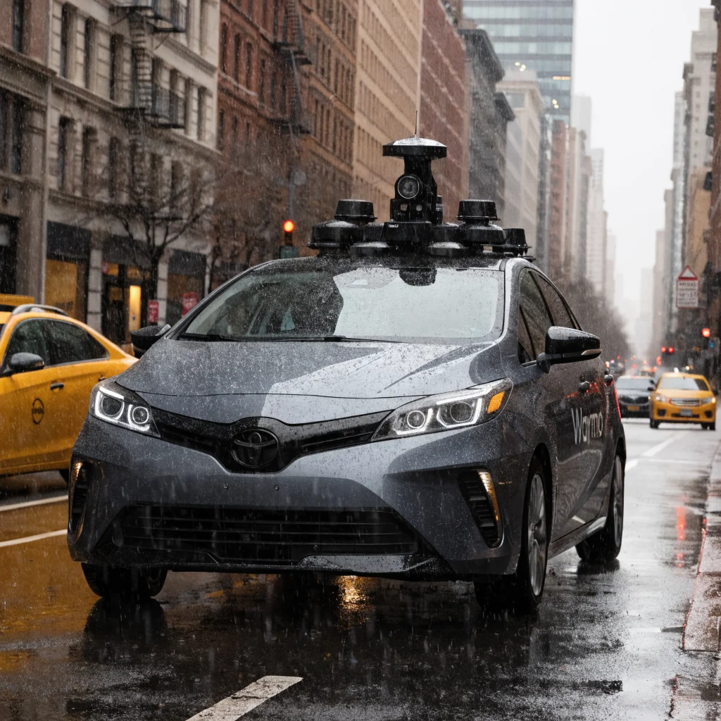 A realistic photo of a Waymo autonomous car equipped with advanced sensors and AI technology driving on a public road without human intervention.