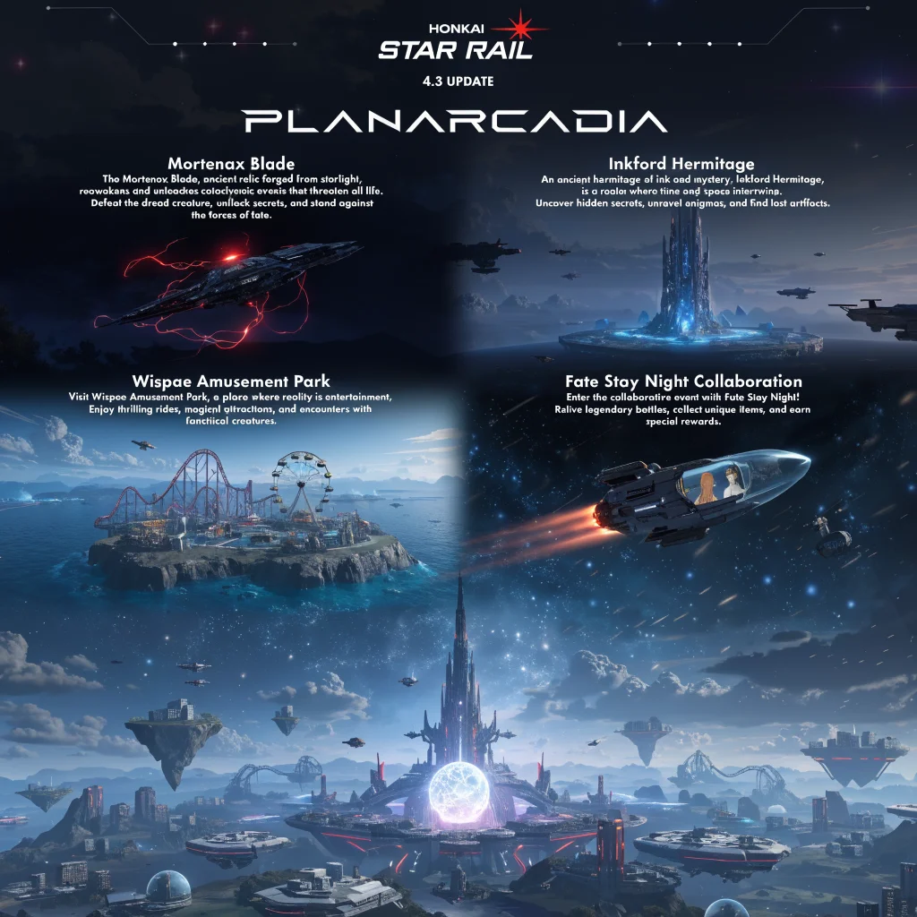A detailed screenshot of Honkai Star Rail 4.3 update featuring Planarcadia story, Mortenax Blade, Inkford Hermitage, Wispae Amusement Park, and Fate Stay Night collaboration.