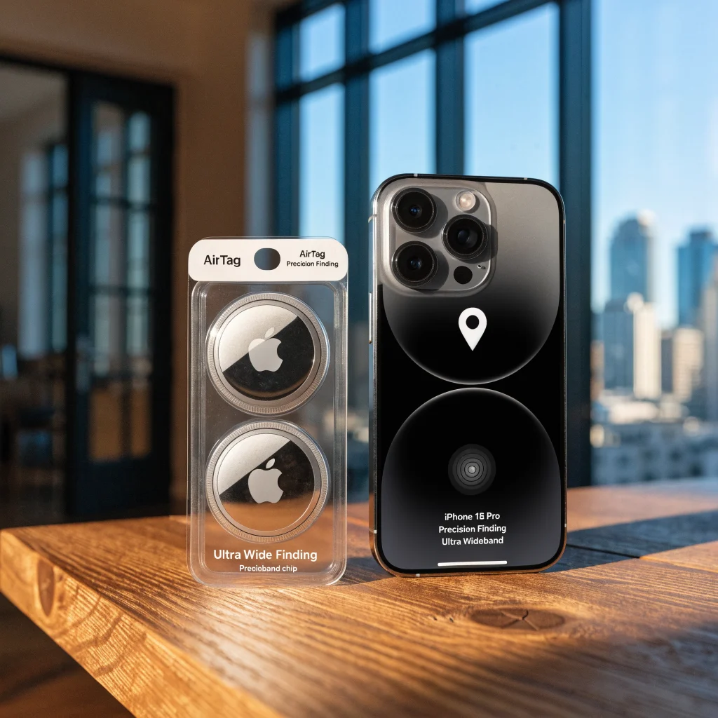 A realistic photo of the new AirTag 2 pack alongside an iPhone 18 Pro using Precision Finding technology with Ultra Wideband chip on a wooden table.