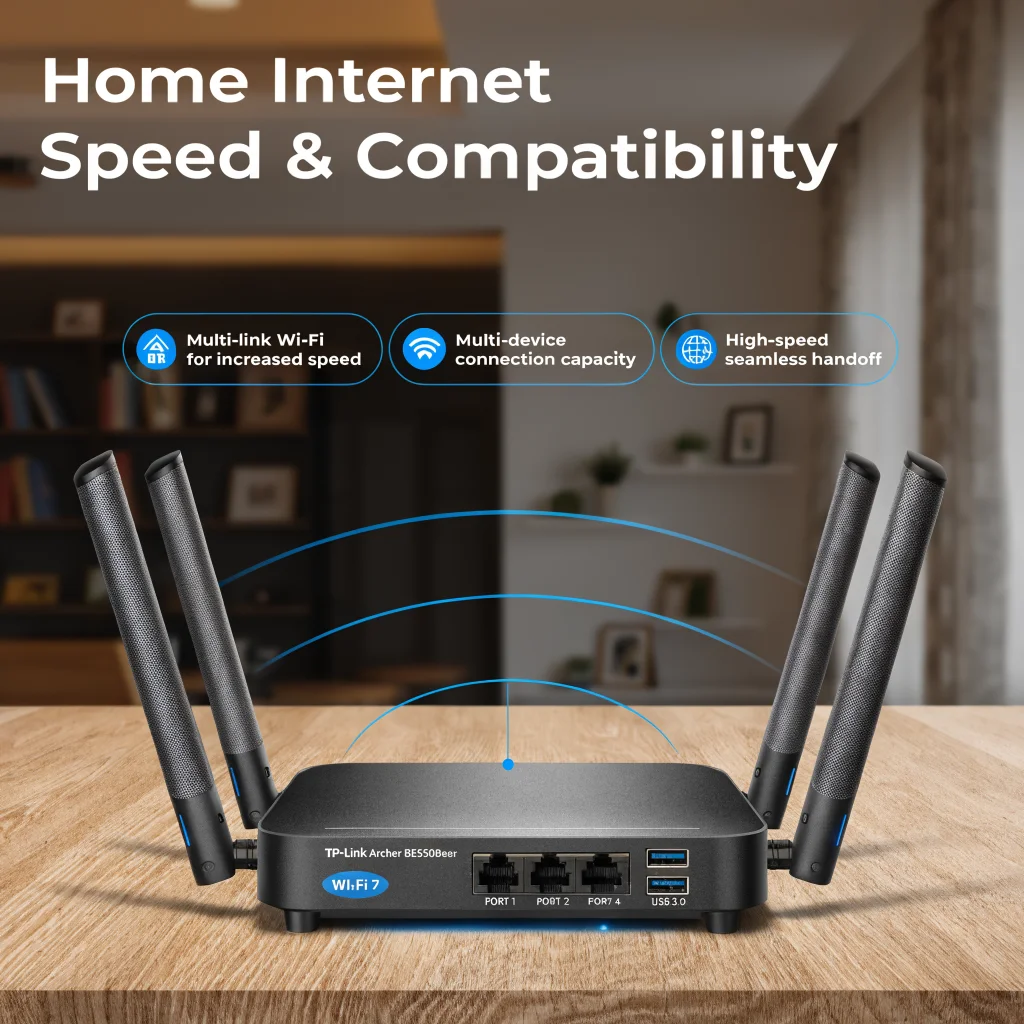 A close-up photo of the TP-Link Archer BE550Bear Wi-Fi 7 router showing wireless network technology and multi-link operation for home internet speed and compatibility.