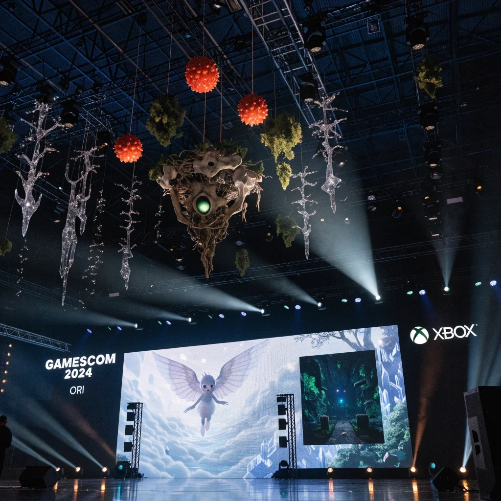 A detailed photo of a new Ori game reveal at Gamescom 2024, showcasing Ori character art and Metroidvania gameplay elements on an Xbox stage.