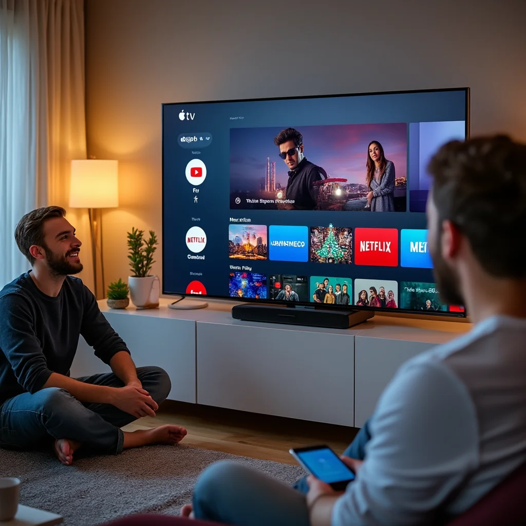 Create a visually appealing and detailed image that represents the essence of the article. Focus on the main keywords: A person happily streaming Apple TV on a smart TV, comparing it to Netflix in a modern Greek living room.. Incorporate elements that align with the article's theme and evoke its intended mood or message. If including a human face, ensure it reflects Western, American, or European features.