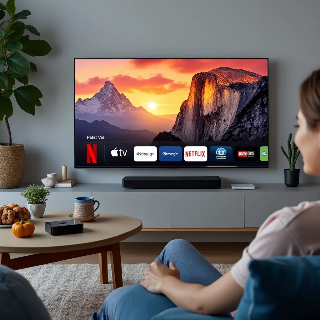 Create a visually appealing and detailed image that represents the essence of the article. Focus on the main keywords: A person happily streaming Apple TV on a smart TV, comparing it to Netflix in a modern Greek living room.. Incorporate elements that align with the article's theme and evoke its intended mood or message. If including a human face, ensure it reflects Western, American, or European features.