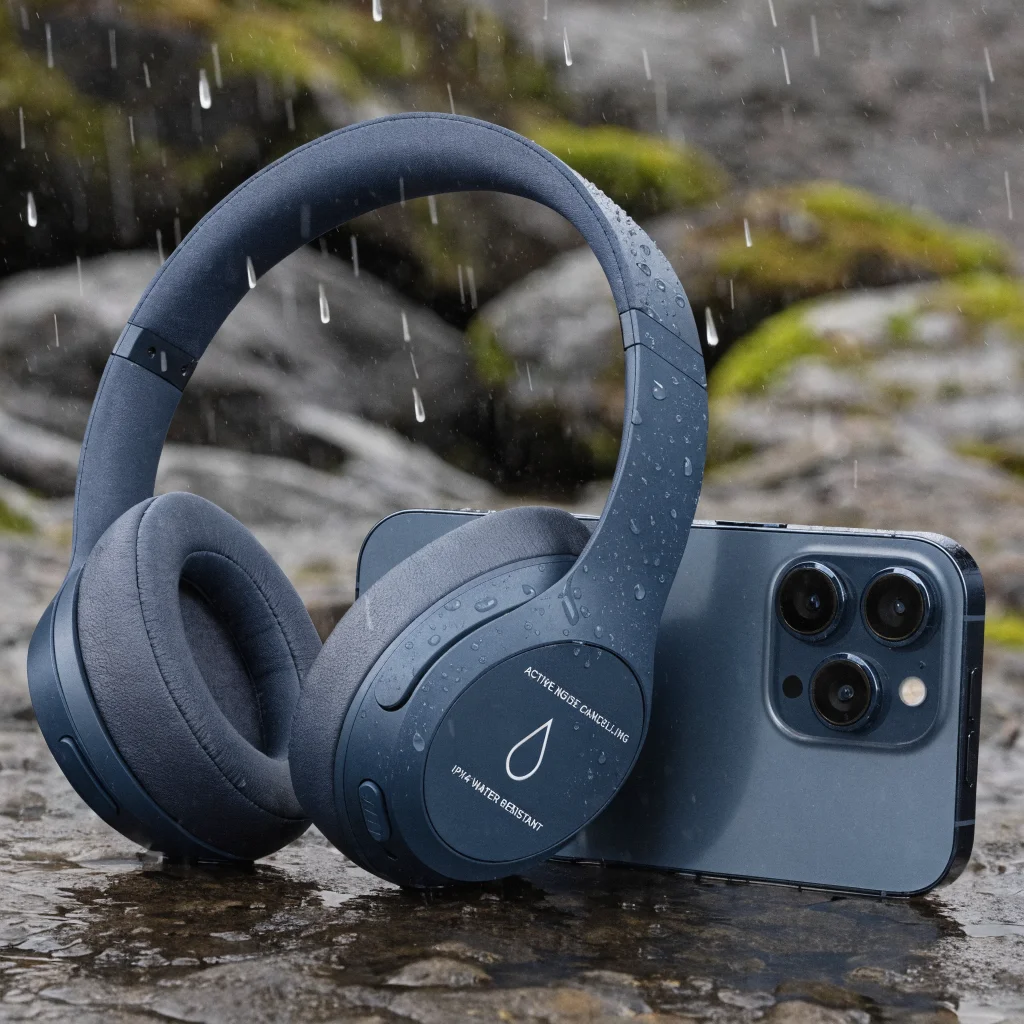 A realistic photo of Apple Beats 360 headphones in a matte color showcasing noise cancellation and IPX4 resistance next to an iPhone 18 Pro.