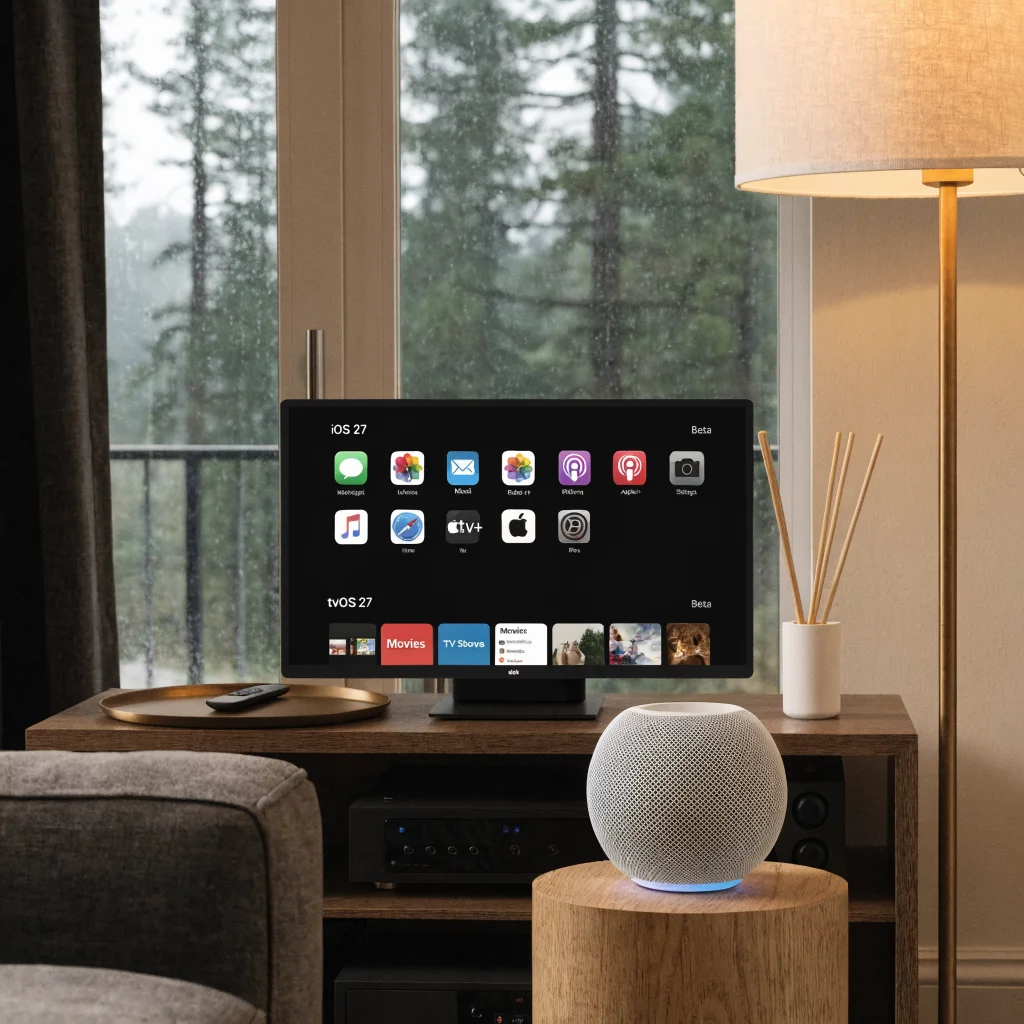 A realistic photo of an Apple HomePod mini next to an Apple TV showing the iOS 27 and tvOS 27 beta interfaces in a modern smart home setup.