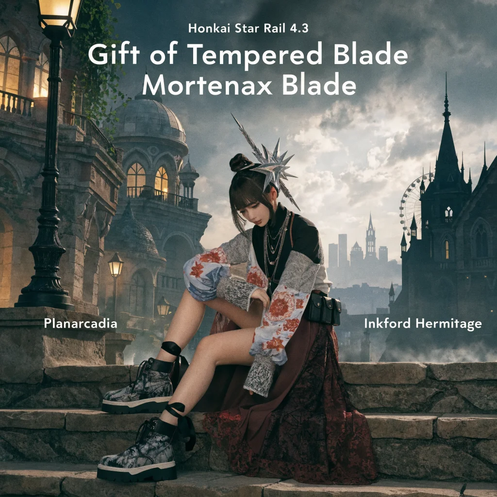 A detailed photo of the new Honkai Star Rail 4.3 character Mortenax Blade showcasing Planarcadia and Inkford Hermitage backgrounds during the Gift of Tempered Blade event.