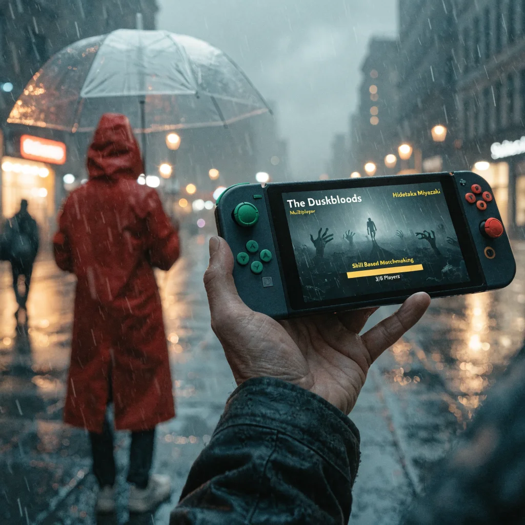 A realistic photo of a Nintendo Switch 2 console displaying The Duskbloods, a multiplayer game by Hidetaka Miyazaki with skill-based matchmaking features.