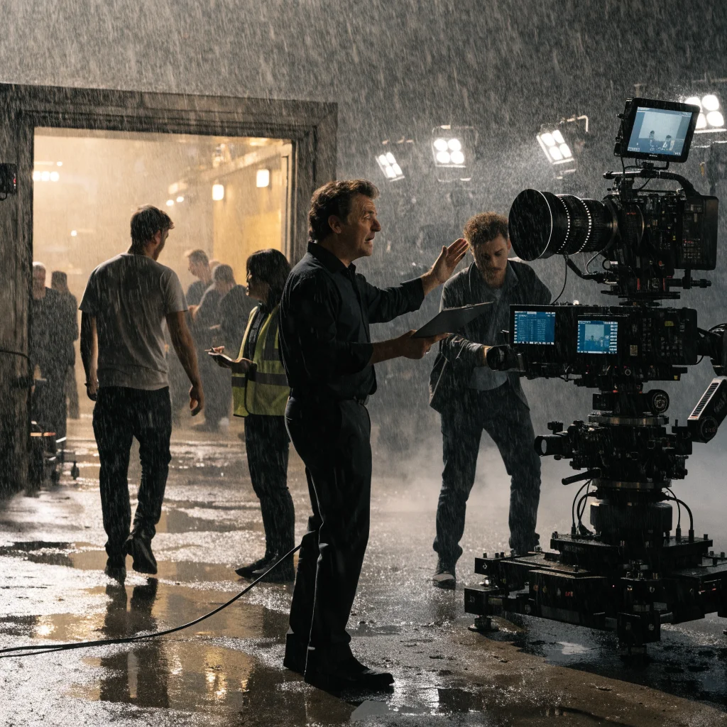 A behind-the-scenes photo of Christopher Nolan filming an IMAX movie with advanced IMAX cameras, showcasing digital cinema technology on set.
