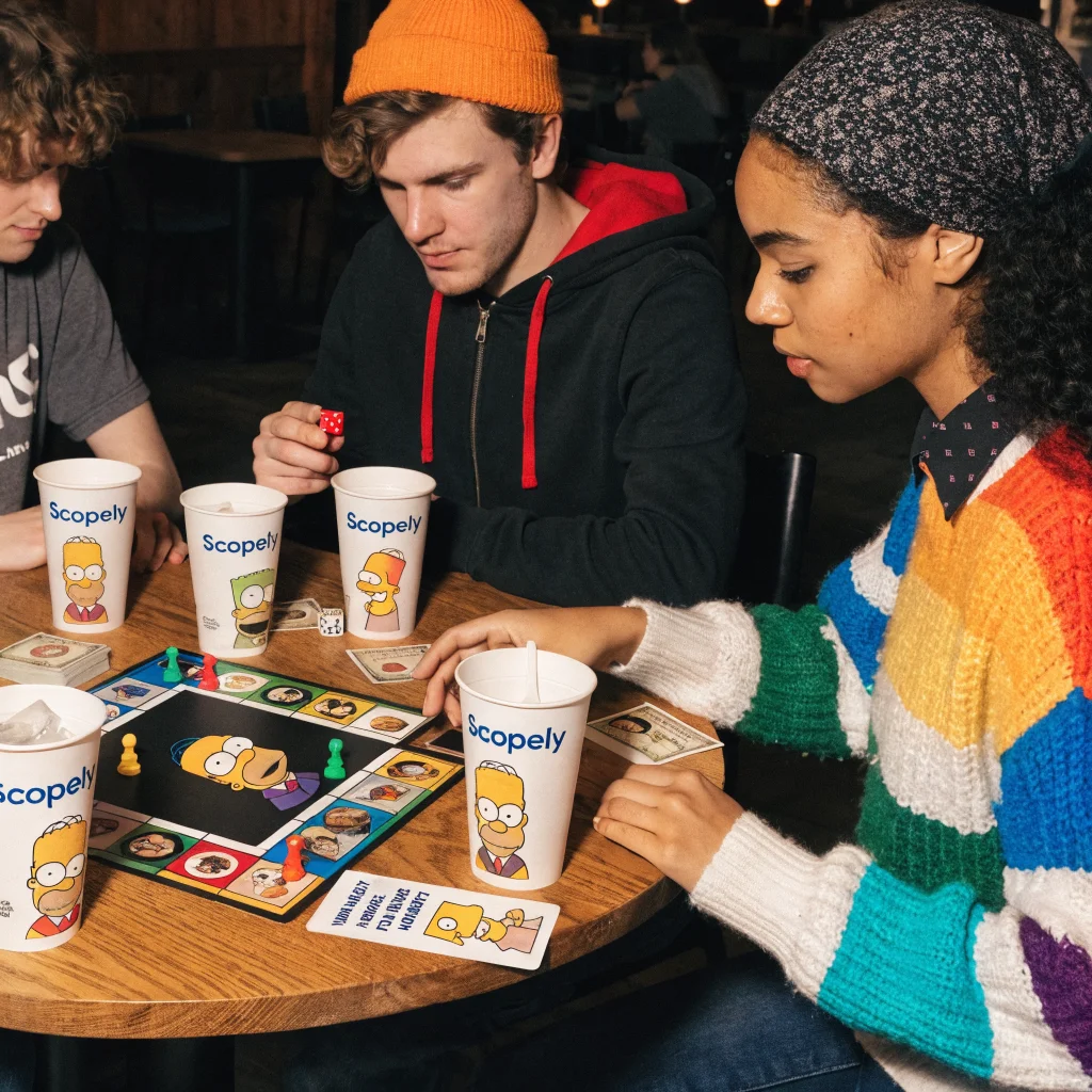A realistic photo of a Monopoly Go board featuring The Simpsons characters like Homer, Marge, and Bart with themed chance cards during a Scopely event.