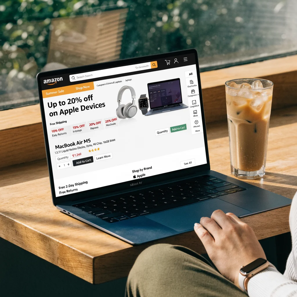 A realistic photo of a MacBook Air M5 with 16GB RAM displayed on Amazon during a summer sale, highlighting discounted Apple devices and accessories.