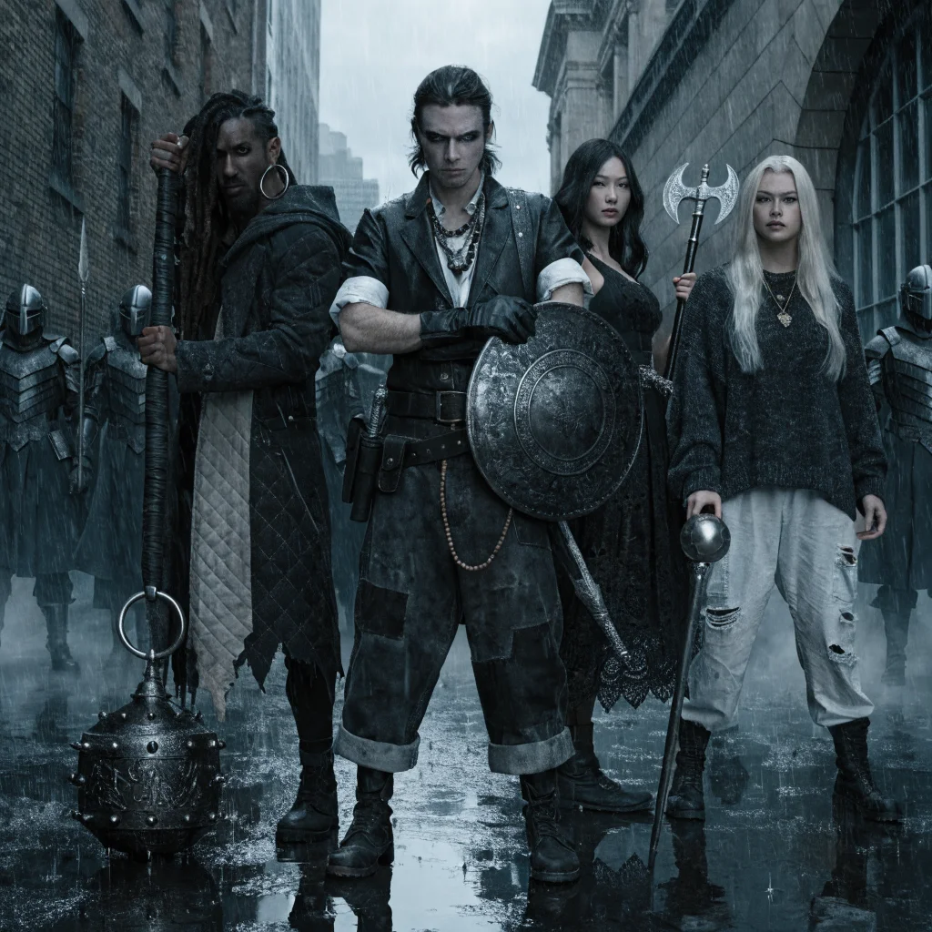A realistic group photo of Duskbloods characters and Bloodsworn clones preparing for PvP battle, featuring Albert Duskbloods, Bloodhand Jan, Trang Lanh, Layla, and their iconic weapons.