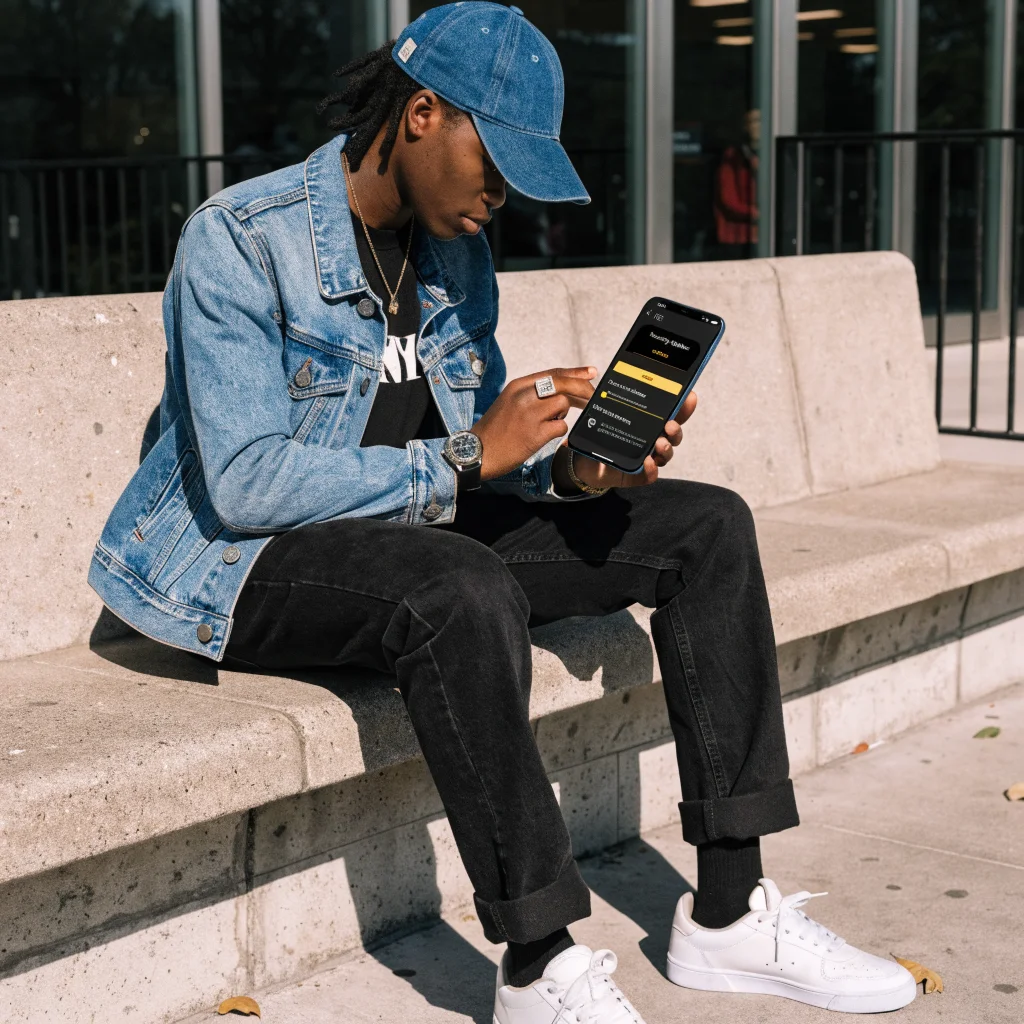 A realistic photo of a person updating their Android phone software with AI-powered security features like two-step verification and device tracking visible on the screen.