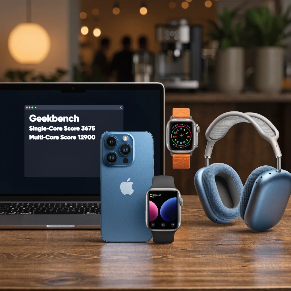 A realistic photo of an iPhone 18 Pro, Apple Watch Series 12, Apple Watch Ultra 4, MacBook Neo, and AirPods Max 2 displayed on a table with a Geekbench screen showing performance results.