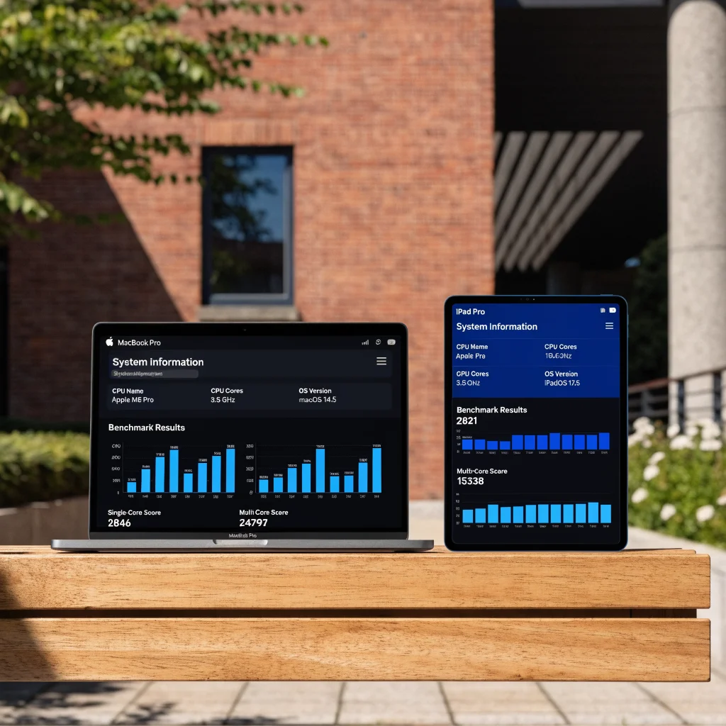 A MacBook Pro and iPad Pro side by side displaying Geekbench scores for the M6 Pro chip running macOS and iPadOS.