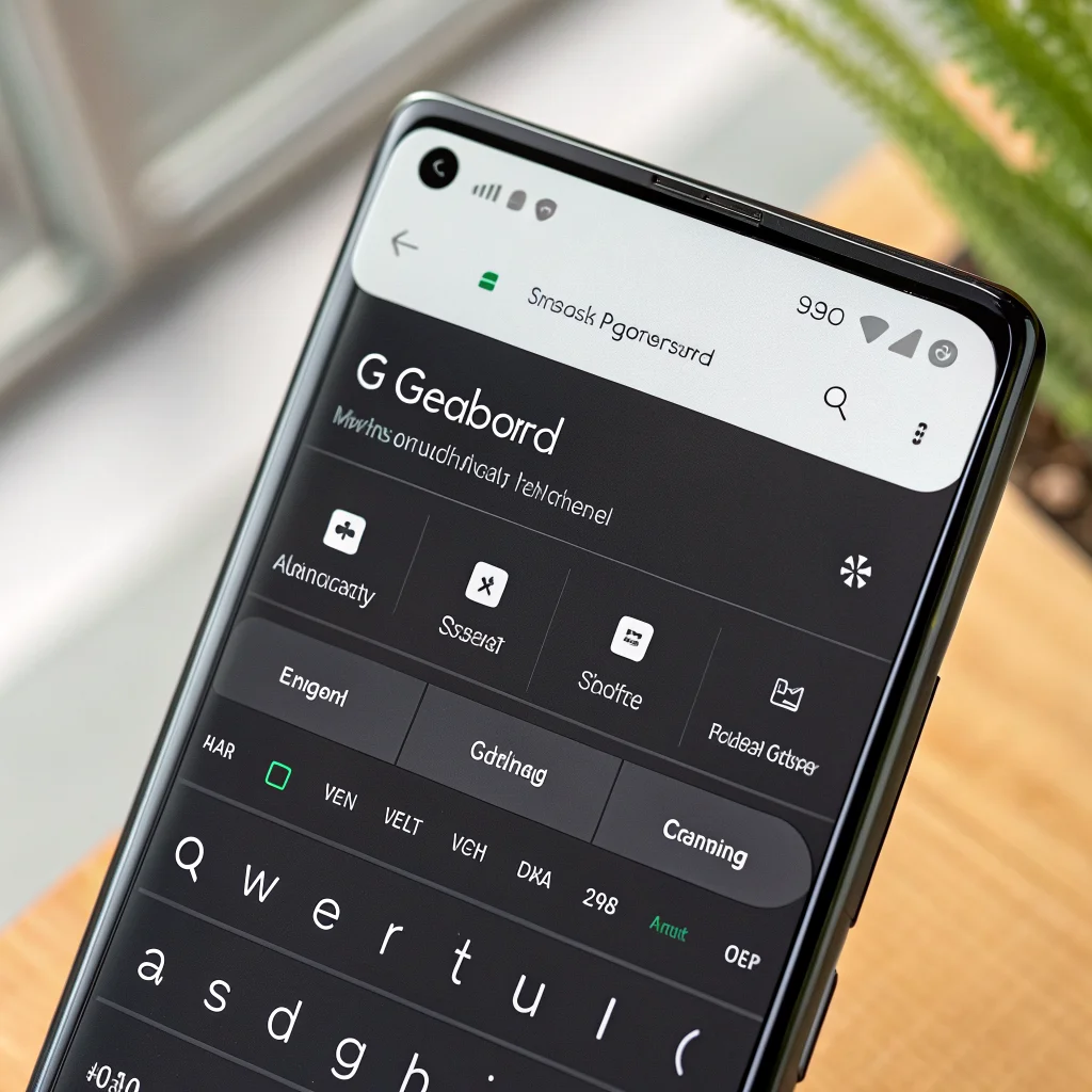 A close-up photo of a Google Pixel 8 smartphone showing Gboard keyboard settings with options for layout, resize tool, and personal dictionary on the screen.