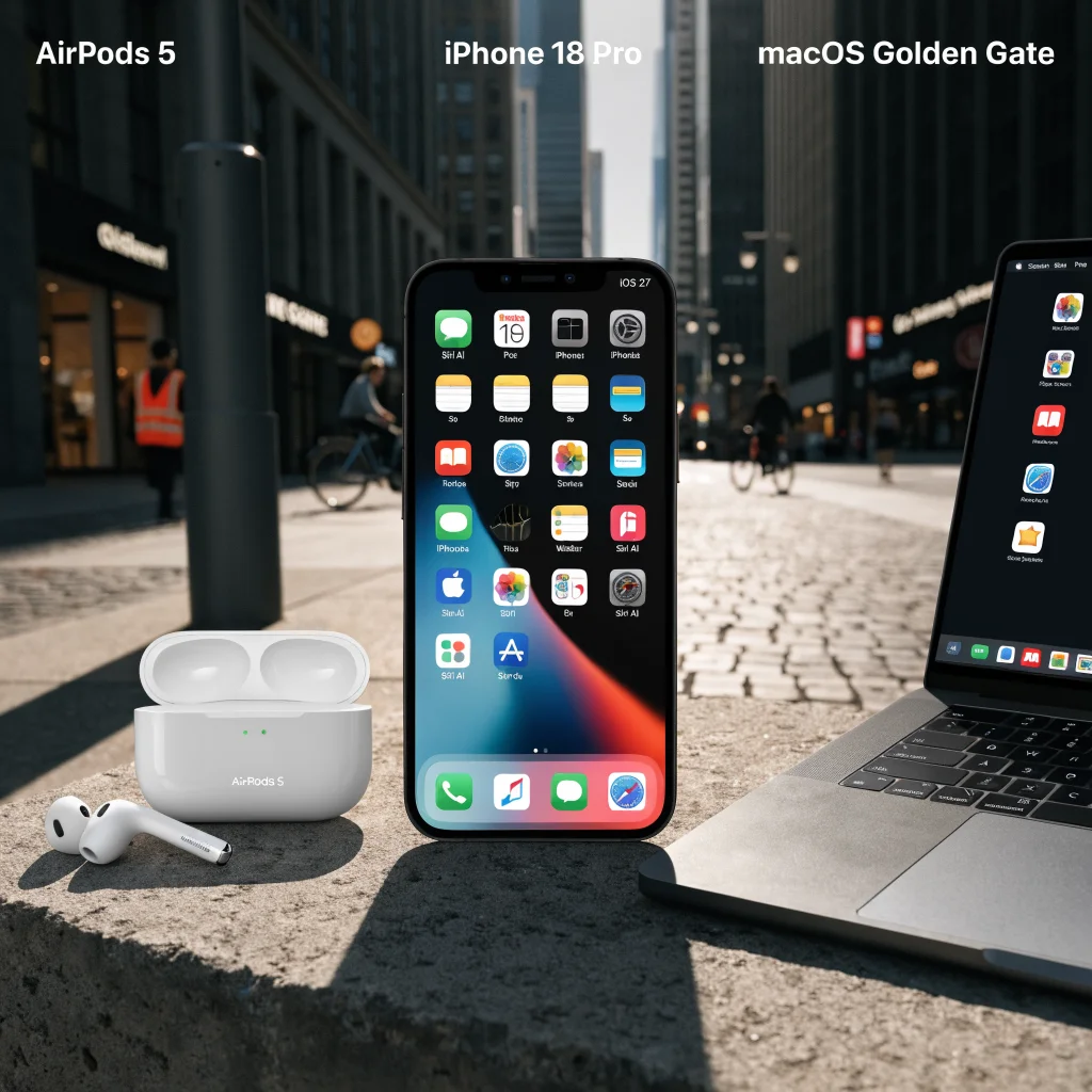 A sleek iPhone 18 Pro and AirPods 5 displayed alongside a MacBook running macOS Golden Gate, showcasing iOS 27 and Siri AI features.