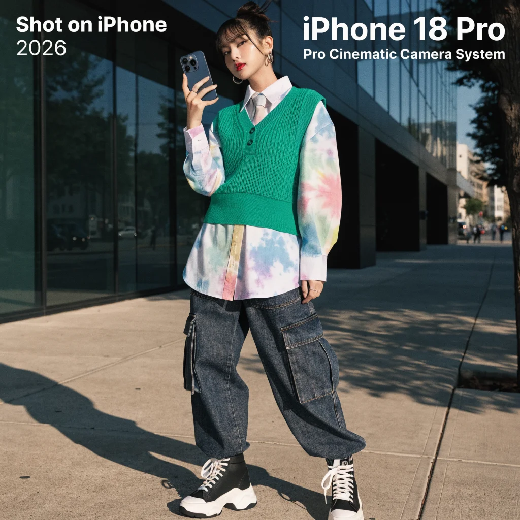 A realistic photo of K-Pop star Rosé showcasing the advanced camera features of the new iPhone 18 Pro in Apple's 2026 Shot on iPhone campaign.