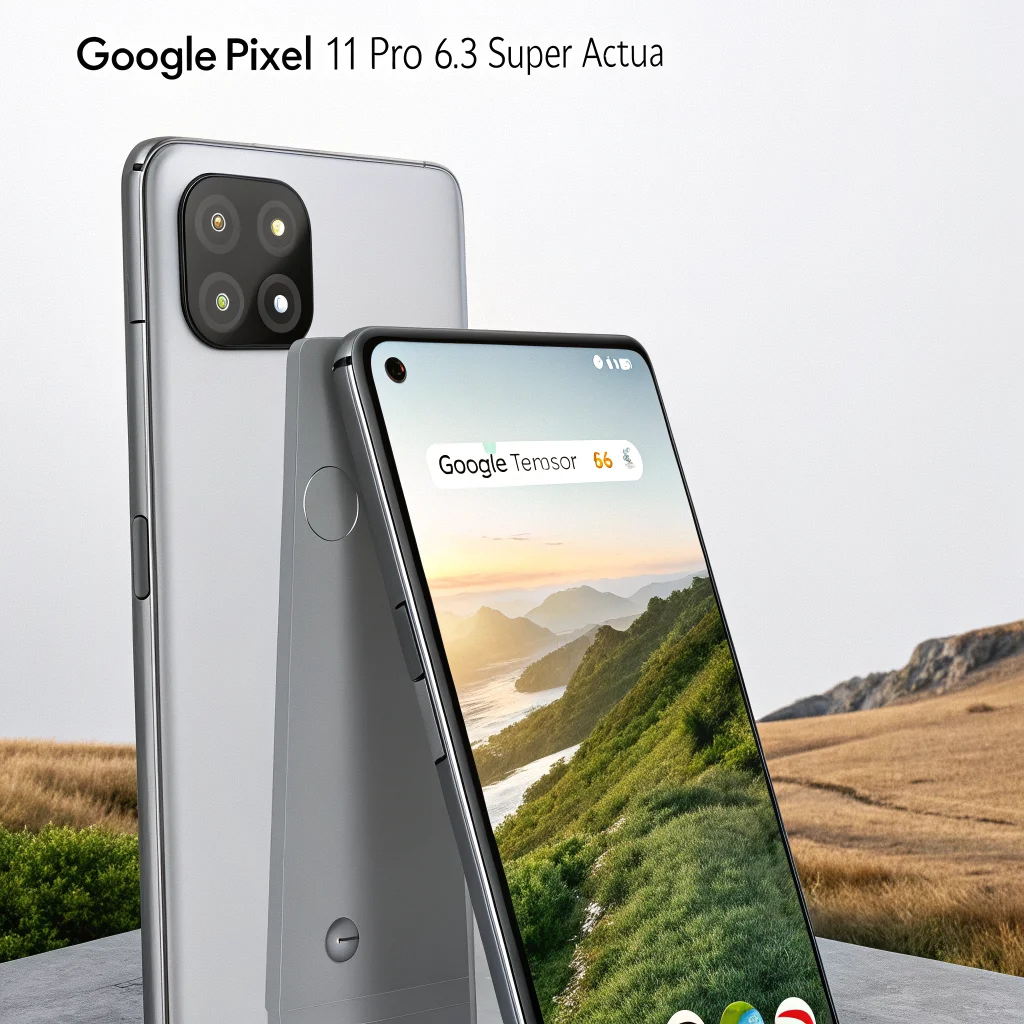 A realistic photo of the Google Pixel 11 Pro showcasing its Super Actua 6.3-inch display, triple cameras, and Google Tensor G6 chip with AI Gemini subscription interface.