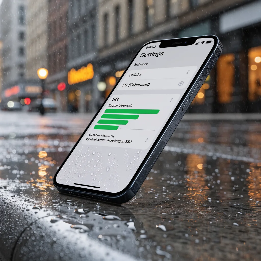 A close-up photo of an iPhone 18 Pro Max displaying 5G signal strength, highlighting Qualcomm Snapdragon X80 modem performance in a US setting.