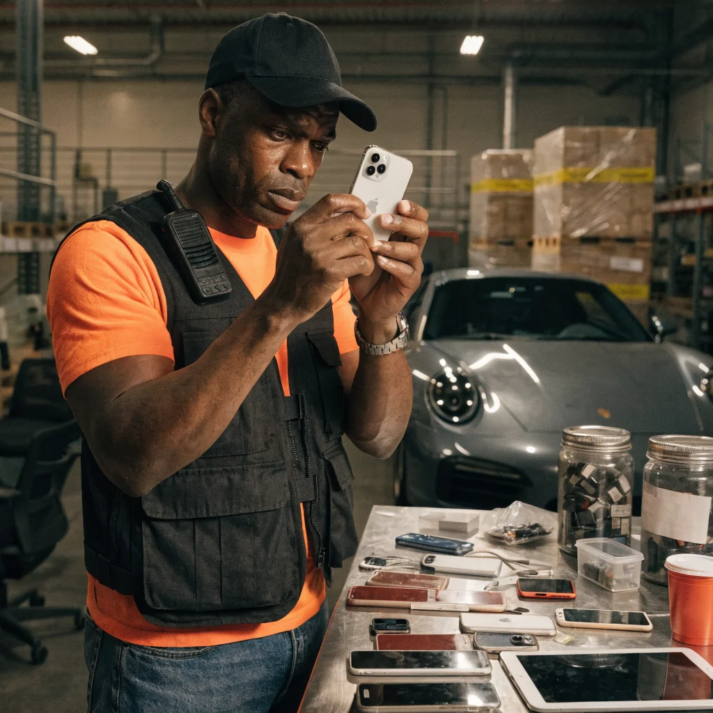A security officer reviewing stolen Apple devices including iPhones and iPads at a company warehouse with a Porsche and tech gadgets nearby.