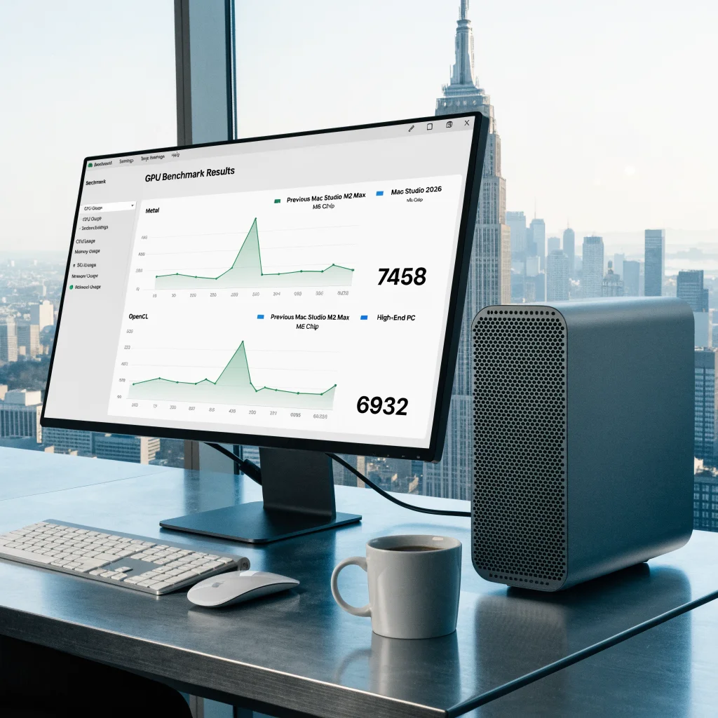 A Mac Studio 2026 with M6 chip running a GPU benchmark displaying Metal and OpenCL scores surpassing competitors.