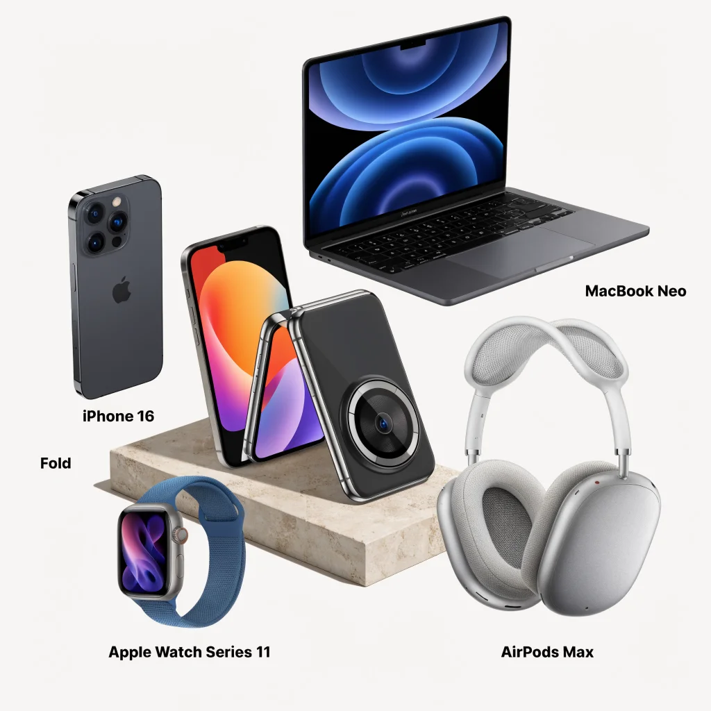 A sleek, futuristic Apple foldable smartphone prototype showcased alongside other Apple devices like iPhone 16, Apple Watch Series 11, AirPods Max, and MacBook Neo.