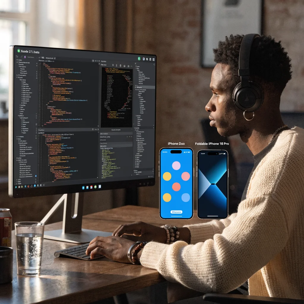 A realistic photo of a developer using Xcode 27.1 beta on an Apple silicon Mac, with an iPhone Duo simulator and foldable iPhone 18 Pro models displayed nearby.