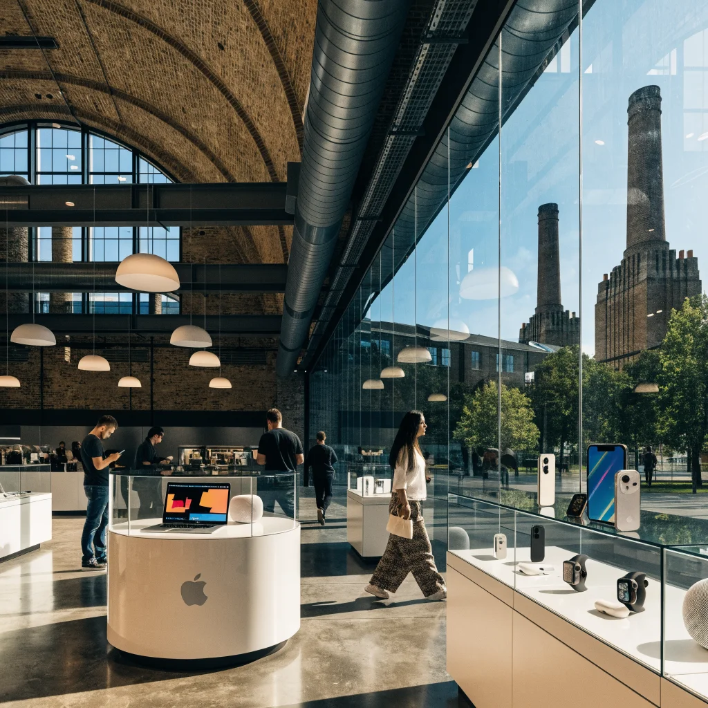 A modern Apple Store interior at Battersea Power Station, London, showcasing the latest MacBook, iPhone 15, Apple Watch Series 11, AirPods Pro Max, and HomePod mini models.