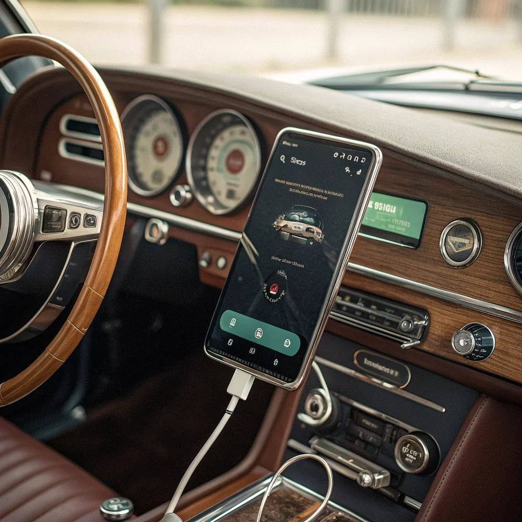 A vintage car dashboard featuring an old smartphone connected via USB-C running the Open Headunit app displaying Android Auto with developer mode enabled.