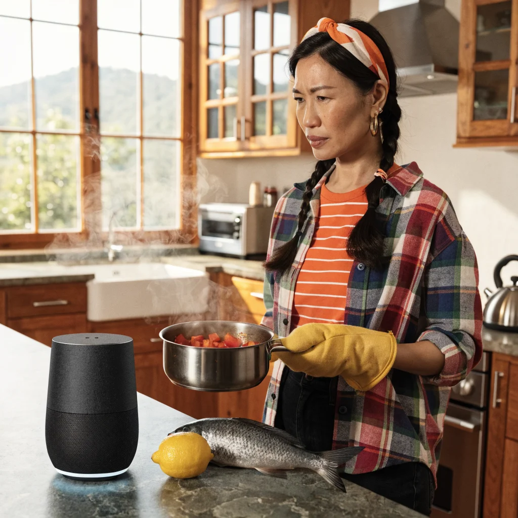 A realistic photo of a Google Home smart speaker in a kitchen next to a lemon and fish, with a cook using voice commands for cooking reminders.
